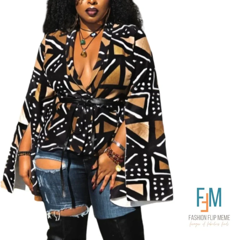Black & Brown Split-Sleeve Geometric Tribal Print Open Front Jacket 5X / 20 NWOT